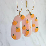 Orange Fruit Earrings - large thick pink acrylic u shape arches, gold hoop earrings, orange print earring, 80s earring, chunky earrings - Constant Baubling