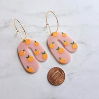 Orange Fruit Earrings - large thick pink acrylic u shape arches, gold hoop earrings, orange print earring, 80s earring, chunky earrings - Constant Baubling