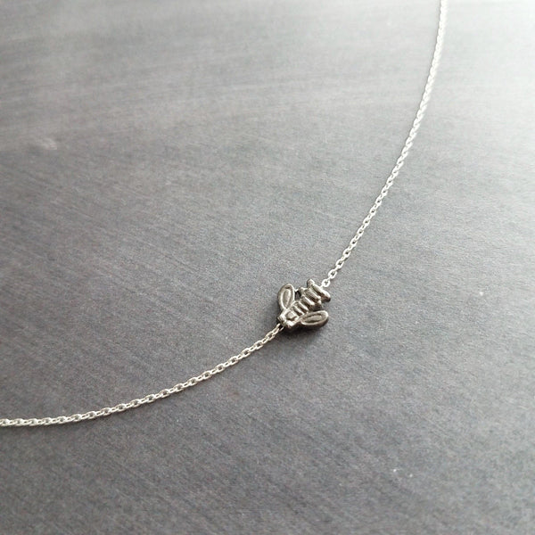 Little Bee Necklace, gunmetal bee, bumblebee slider pendant, silver rhodium chain, 3D bee necklace, black bee charm, tiny honeybee necklace - Constant Baubling