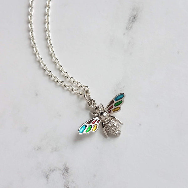 Crystal Bee Necklace, small silver bumblebee pendant, insect jewelry, silver honeybee, rainbow bee wing, colorful bee charm, rainbow pendant - Constant Baubling