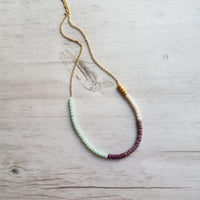 Color Block Necklace - beaded chain, 14K gold plated chain, mint green purple white, color section necklace, glass bead necklace, seed beads - Constant Baubling