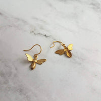 Gold Bee Earring, small brass bumblebee, bumblebee earring, bee dangle, gold bumblebee, SOLID GOLD hook opt, little gold honey bee earring - Constant Baubling