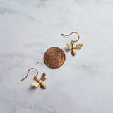 Gold Bee Earring, small brass bumblebee, bumblebee earring, bee dangle, gold bumblebee, SOLID GOLD hook opt, little gold honey bee earring - Constant Baubling