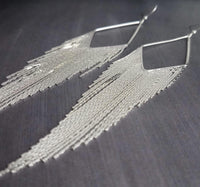 Silver Chain Earrings - long chain fringe, snake chain, chain tassel, v shape chandelier, silver chain earring, long chain tassel, bold 6" - Constant Baubling