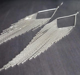 Silver Chain Earrings - long chain fringe, snake chain, chain tassel, v shape chandelier, silver chain earring, long chain tassel, bold 6" - Constant Baubling