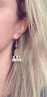 Gold Tassel Earrings, boho earring, grey tassel, small gold dangle, tiny tassel, brass semicircle, smoky blue gray bead, faceted glass bead - Constant Baubling