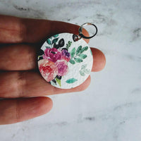 Navy Floral Print Earrings, blue faux leather circle, peony flower, 80's style, pink purple flower earrings, rose earring, large round - Constant Baubling