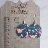 Navy Floral Print Earrings, blue faux leather circle, peony flower, 80's style, pink purple flower earrings, rose earring, large round - Constant Baubling