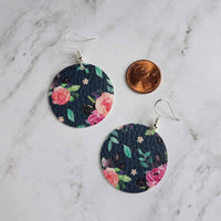 Navy Floral Print Earrings, blue faux leather circle, peony flower, 80's style, pink purple flower earrings, rose earring, large round - Constant Baubling