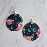 Navy Floral Print Earrings, blue faux leather circle, peony flower, 80's style, pink purple flower earrings, rose earring, large round - Constant Baubling