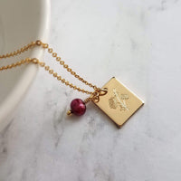 Mum Necklace - gold Chrysanthemum flower pendant, gold square pendant, engraved flower necklace, mum charm, maroon pearl charm, freshwater - Constant Baubling