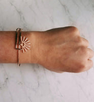Rose Gold Sunset Bracelet - simple bangle, rose gold bangle, adjustable wire bracelet, sun charm bracelet, sunshine bracelet, rose gold sun - Constant Baubling
