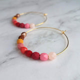 Beaded Hoop Earrings - red pink beads, large gold hoops, summer earring, tropical earring, bold earring, colorful hoop earring, bright color - Constant Baubling