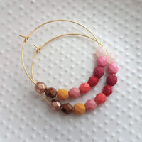 Beaded Hoop Earrings - red pink beads, large gold hoops, summer earring, tropical earring, bold earring, colorful hoop earring, bright color - Constant Baubling