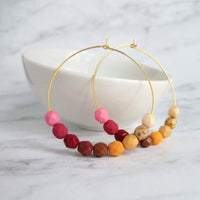 Beaded Hoop Earrings - large gold hoop, summer earring, tropical earring, chunky bead earring, bright colorful earring, red pink brown beads - Constant Baubling