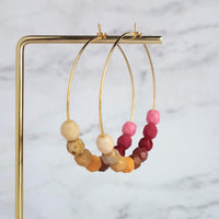 Beaded Hoop Earrings - large gold hoop, summer earring, tropical earring, chunky bead earring, bright colorful earring, red pink brown beads - Constant Baubling