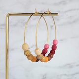 Beaded Hoop Earrings - large gold hoop, summer earring, tropical earring, chunky bead earring, bright colorful earring, red pink brown beads - Constant Baubling