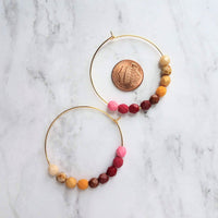 Beaded Hoop Earrings - large gold hoop, summer earring, tropical earring, chunky bead earring, bright colorful earring, red pink brown beads - Constant Baubling