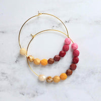 Beaded Hoop Earrings - large gold hoop, summer earring, tropical earring, chunky bead earring, bright colorful earring, red pink brown beads - Constant Baubling