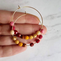 Beaded Hoop Earrings - large gold hoop, summer earring, tropical earring, chunky bead earring, bright colorful earring, red pink brown beads - Constant Baubling