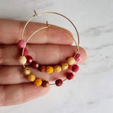 Beaded Hoop Earrings - large gold hoop, summer earring, tropical earring, chunky bead earring, bright colorful earring, red pink brown beads - Constant Baubling