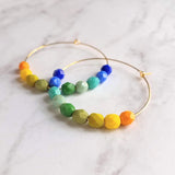 Chunky Bead Earrings - large gold hoop, summer earrings, beaded hoops, bright colorful earring, green blue yellow beads, tropical earrings - Constant Baubling