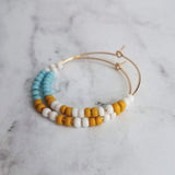 Thin Gold Hoop Earrings, color block earring, seed bead earring, small hoop, little gold hoops, mustard yellow, white, baby blue beaded - Constant Baubling