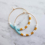 Thin Gold Hoop Earrings, color block earring, seed bead earring, small hoop, little gold hoops, mustard yellow, white, baby blue beaded - Constant Baubling