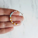 Thin Gold Hoop Earrings, color block earring, seed bead earring, small hoop, little gold hoops, mustard yellow, white, baby blue beaded - Constant Baubling