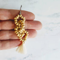 Beaded Tassel Earrings, wood bead earring, natural color wooden bead earring, connected loops, hypoallergenic stainless steel, tropical - Constant Baubling