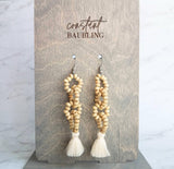 Beaded Tassel Earrings, wood bead earring, natural color wooden bead earring, connected loops, hypoallergenic stainless steel, tropical - Constant Baubling