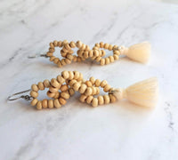 Beaded Tassel Earrings, wood bead earring, natural color wooden bead earring, connected loops, hypoallergenic stainless steel, tropical - Constant Baubling