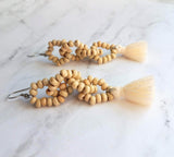 Beaded Tassel Earrings, wood bead earring, natural color wooden bead earring, connected loops, hypoallergenic stainless steel, tropical - Constant Baubling