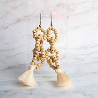 Beaded Tassel Earrings, wood bead earring, natural color wooden bead earring, connected loops, hypoallergenic stainless steel, tropical - Constant Baubling