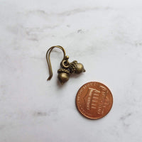 Small Acorn Earrings, dark antique brass acorns, bronze acorn, little acorn dangle, mini acorns, tree nut earring, squirrel earring, tiny - Constant Baubling