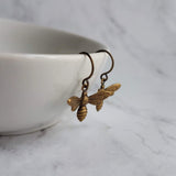 Little Bee Earrings, small antique brass bee earring, bumblebee earring, flying bee earring, bronze honey bee earring, bee dangle earring - Constant Baubling