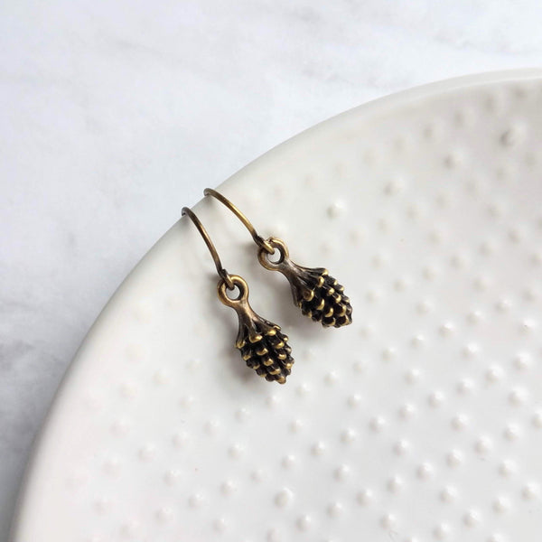 Little Pinecone Earrings, small antique brass pine cone, bronze pine cone charm, fall jewelry, tiny pine cone dangle, pine cone earrings - Constant Baubling