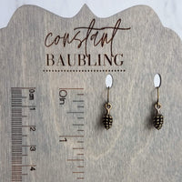 Little Pinecone Earrings, small antique brass pine cone, bronze pine cone charm, fall jewelry, tiny pine cone dangle, pine cone earrings - Constant Baubling
