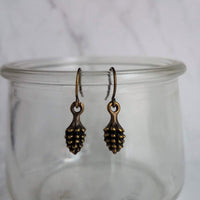 Little Pinecone Earrings, small antique brass pine cone, bronze pine cone charm, fall jewelry, tiny pine cone dangle, pine cone earrings - Constant Baubling