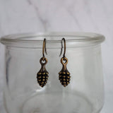 Little Pinecone Earrings, small antique brass pine cone, bronze pine cone charm, fall jewelry, tiny pine cone dangle, pine cone earrings - Constant Baubling