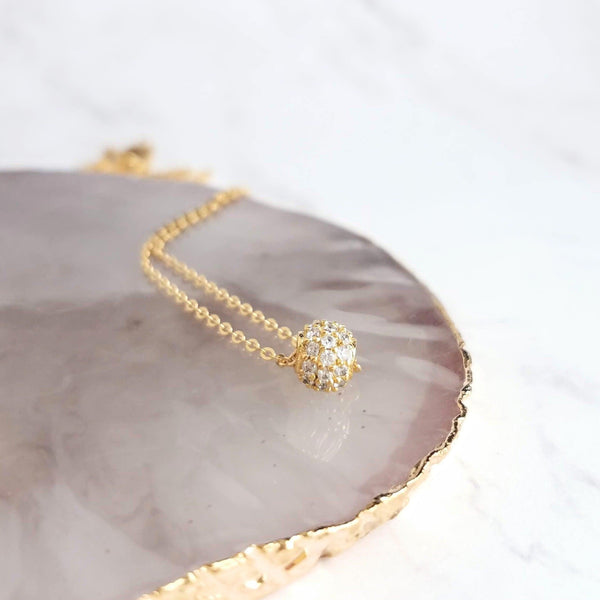 Gold CZ Ball Necklace round crystal pendant, gold chain, tiny