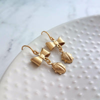 Little Ladybug Earrings, gold bow earring, gold lady bug charm, lady bug earring, gold ladybug earring, small ladybug, ladybug dangle insect - Constant Baubling