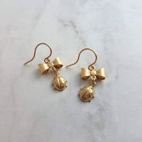 Little Ladybug Earrings, gold bow earring, gold lady bug charm, lady bug earring, gold ladybug earring, small ladybug, ladybug dangle insect - Constant Baubling