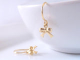 Tiny Gold Earrings, little gold bows, gold bow earring, small ribbon earring, bow charm, 14K SOLID GOLD hook opt, delicate dainty dangle - Constant Baubling