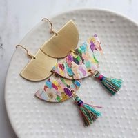 Large Colorful Chunky Earrings - gold brass half circle earrings, semicircle earrings, rainbow earrings, 3.3 inch, watercolor cork leather - Constant Baubling