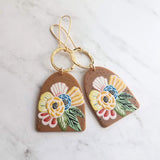 Large Flower Earrings, colorful chunky acrylic dangle, gold hoop, long light earring, kidney wires, 80s earring, bright floral, tropical 3" - Constant Baubling