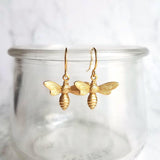 Gold Bee Earring, small brass bumblebee, bumblebee earring, bee dangle, gold bumblebee, SOLID GOLD hook opt, little gold honey bee earring - Constant Baubling