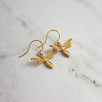 Gold Bee Earring, small brass bumblebee, bumblebee earring, bee dangle, gold bumblebee, SOLID GOLD hook opt, little gold honey bee earring - Constant Baubling