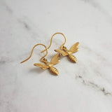 Gold Bee Earring, small brass bumblebee, bumblebee earring, bee dangle, gold bumblebee, SOLID GOLD hook opt, little gold honey bee earring - Constant Baubling