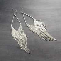 Silver Chain Earrings - long chain fringe, snake chain, chain tassel, v shape chandelier, silver chain earring, long chain tassel, bold 6" - Constant Baubling
